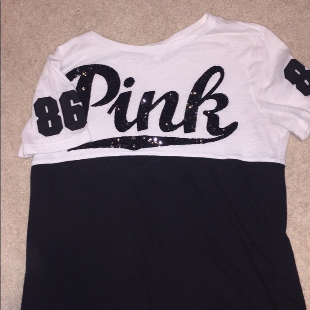 victoria secret/ pink blacks and white sequin tee